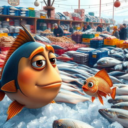 A vibrant and bustling fish market scene showcasing a large variety of fresh fish displayed on ice