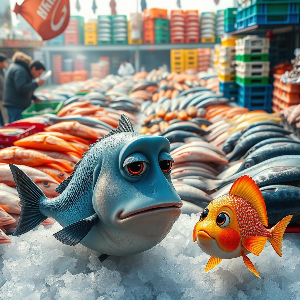 A vibrant and bustling fish market scene showcasing a large variety of fresh fish displayed on ice