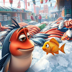 A vibrant and bustling fish market scene showcasing a large variety of fresh fish displayed on ice