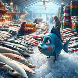 A vibrant and bustling fish market scene showcasing a large variety of fresh fish displayed on ice