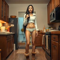 A 26-year-old white single mom with long black hair, very skinny with a long torso and wide hips, weighing 90 pounds and standing at 5’8”