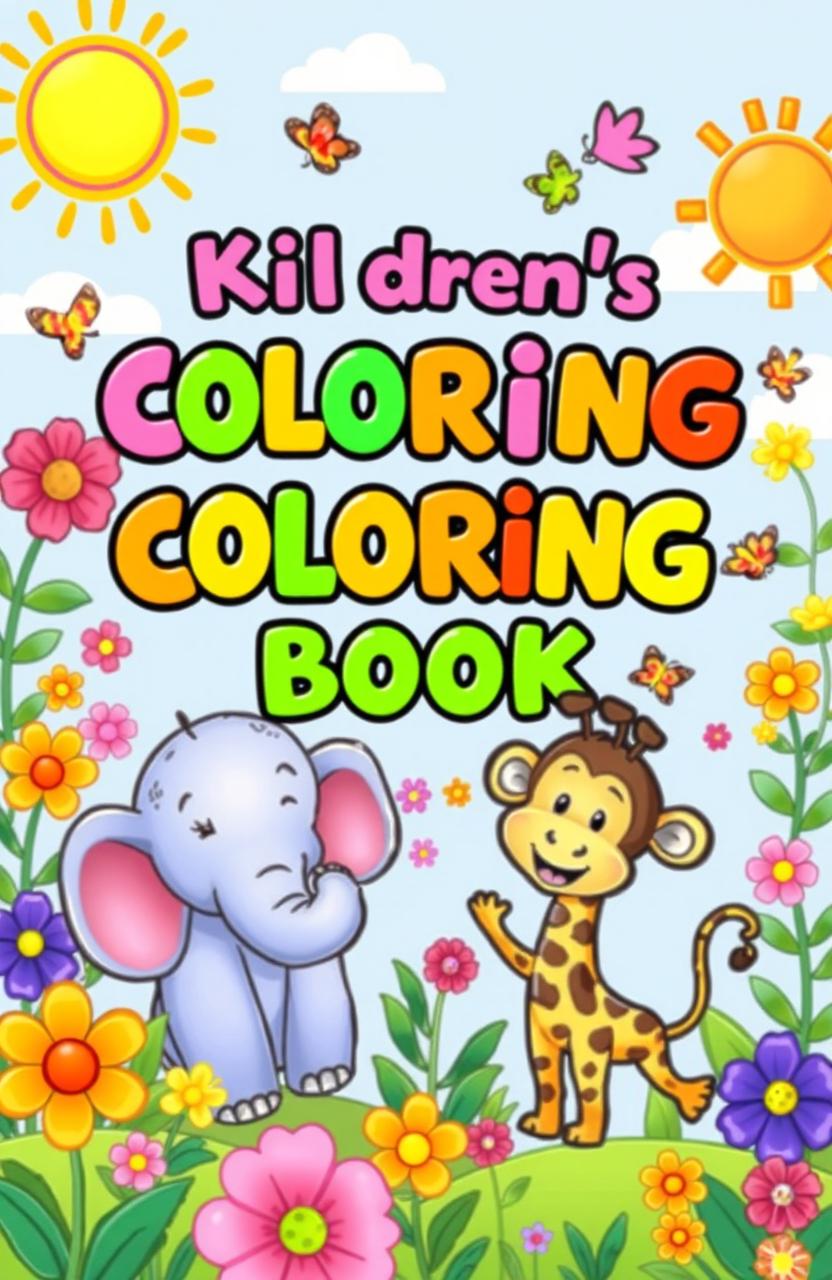 A vibrant and playful cover for a children's coloring book, featuring a whimsical scene with cute cartoon animals like a smiling elephant, a joyful giraffe, and a playful monkey, all surrounded by colorful flowers, butterflies, and a sunny sky