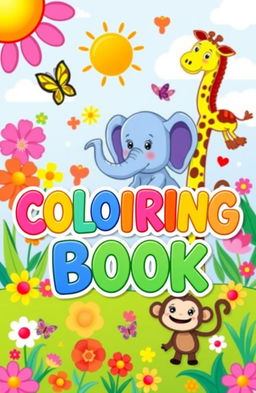 A vibrant and playful cover for a children's coloring book, featuring a whimsical scene with cute cartoon animals like a smiling elephant, a joyful giraffe, and a playful monkey, all surrounded by colorful flowers, butterflies, and a sunny sky