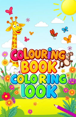 A vibrant and playful cover for a children's coloring book, featuring a whimsical scene with cute cartoon animals like a smiling elephant, a joyful giraffe, and a playful monkey, all surrounded by colorful flowers, butterflies, and a sunny sky