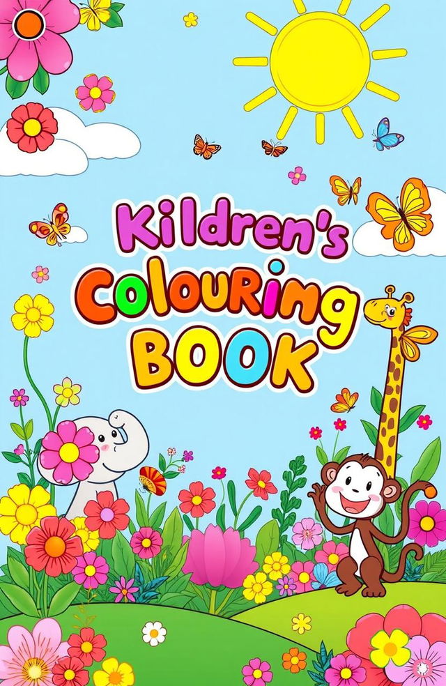 A vibrant and playful cover for a children's coloring book, featuring a whimsical scene with cute cartoon animals like a smiling elephant, a joyful giraffe, and a playful monkey, all surrounded by colorful flowers, butterflies, and a sunny sky