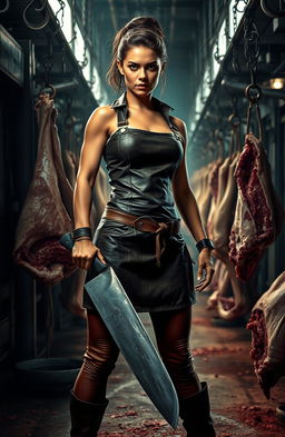 A powerful female figure standing confidently in a slaughterhouse, surrounded by industrial machinery and meat hooks
