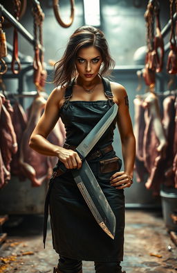 A powerful female figure standing confidently in a slaughterhouse, surrounded by industrial machinery and meat hooks