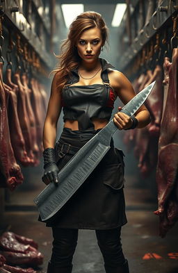 A powerful female figure standing confidently in a slaughterhouse, surrounded by industrial machinery and meat hooks