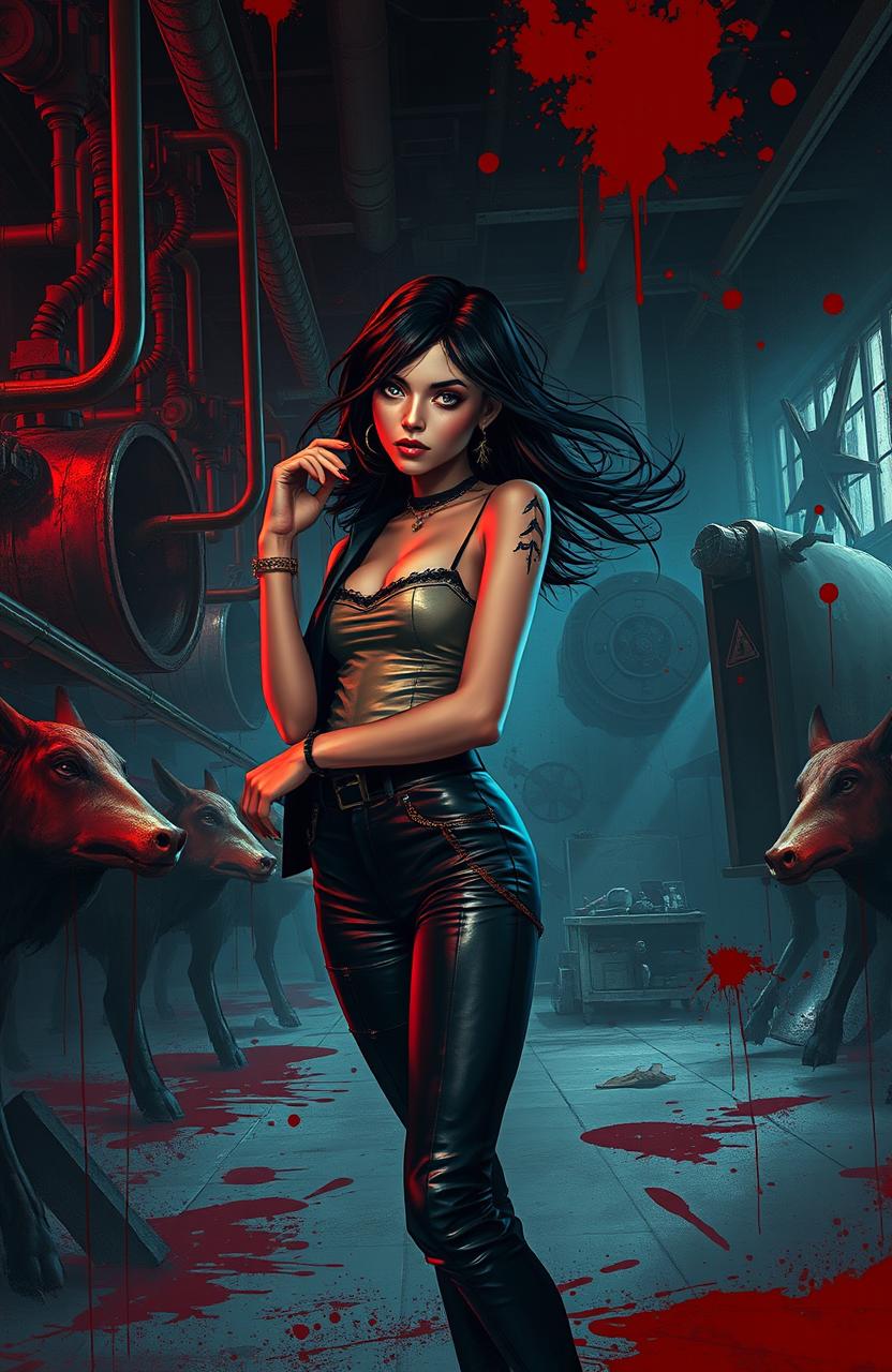 A scene inside a stylized, surreal slaughterhouse, featuring a young woman dressed in a modern yet edgy outfit, surrounded by abstract representations of machinery and animals
