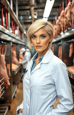 A striking blonde woman standing confidently in a modern slaughterhouse, dressed in a sturdy white lab coat and protective gear