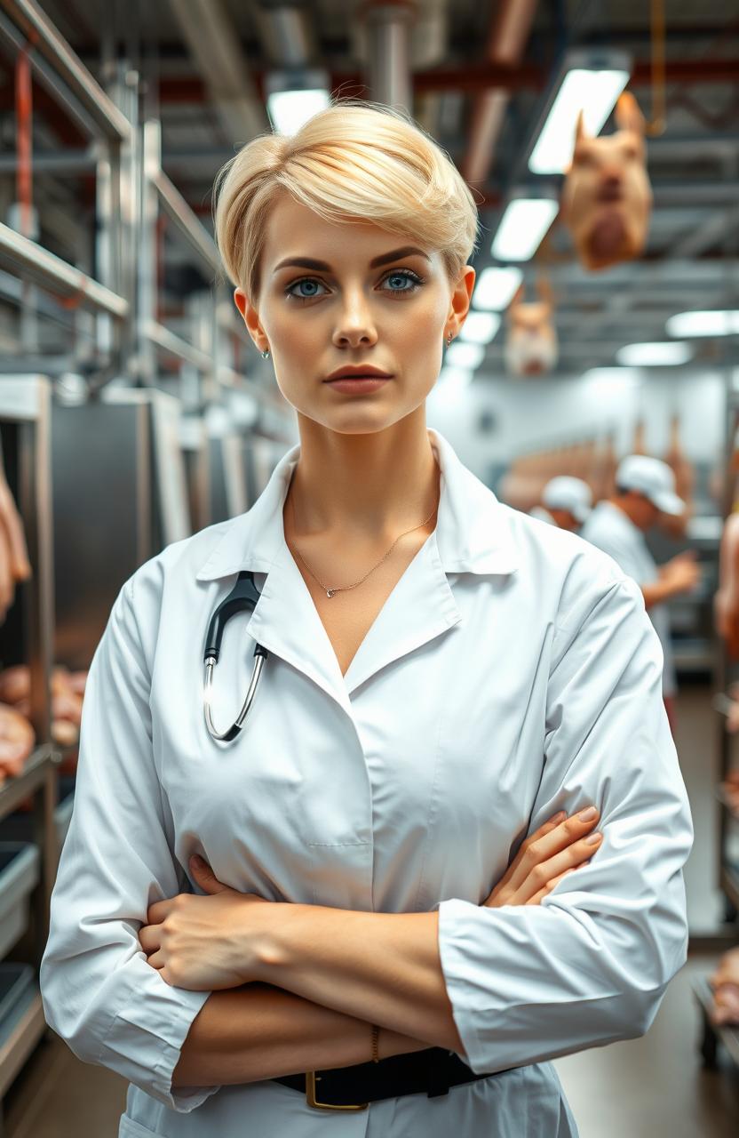 A striking blonde woman standing confidently in a modern slaughterhouse, dressed in a sturdy white lab coat and protective gear