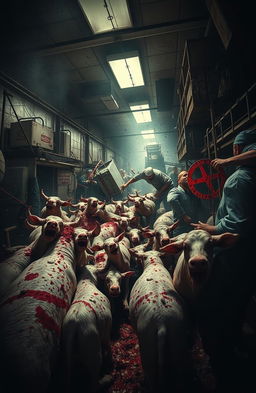 A dramatic scene depicting a chaotic slaughterhouse attack, with vivid details of frightened animals, workers in distress, and a tumultuous environment