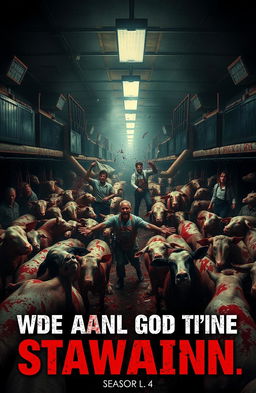 A dramatic scene depicting a chaotic slaughterhouse attack, with vivid details of frightened animals, workers in distress, and a tumultuous environment