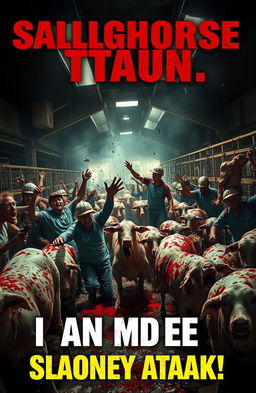 A dramatic scene depicting a chaotic slaughterhouse attack, with vivid details of frightened animals, workers in distress, and a tumultuous environment