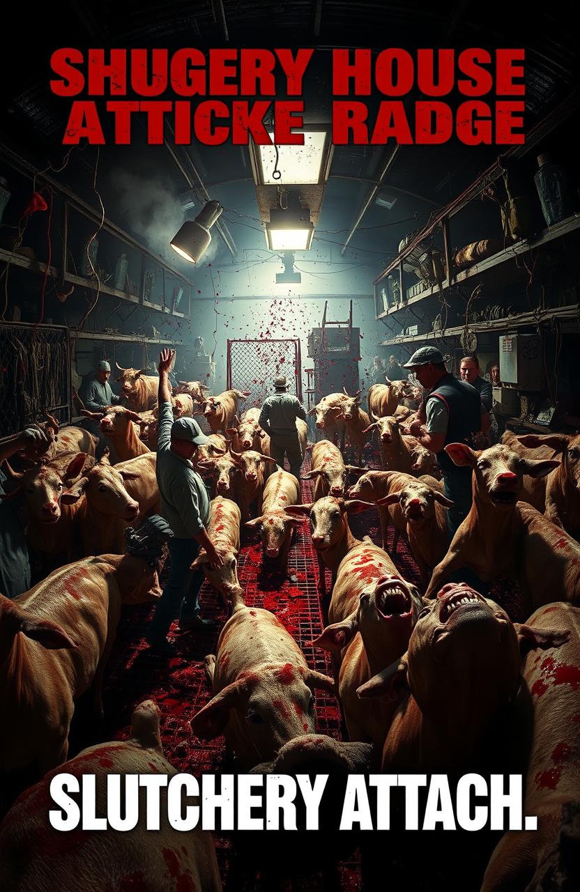A dramatic scene depicting a chaotic slaughterhouse attack, with vivid details of frightened animals, workers in distress, and a tumultuous environment