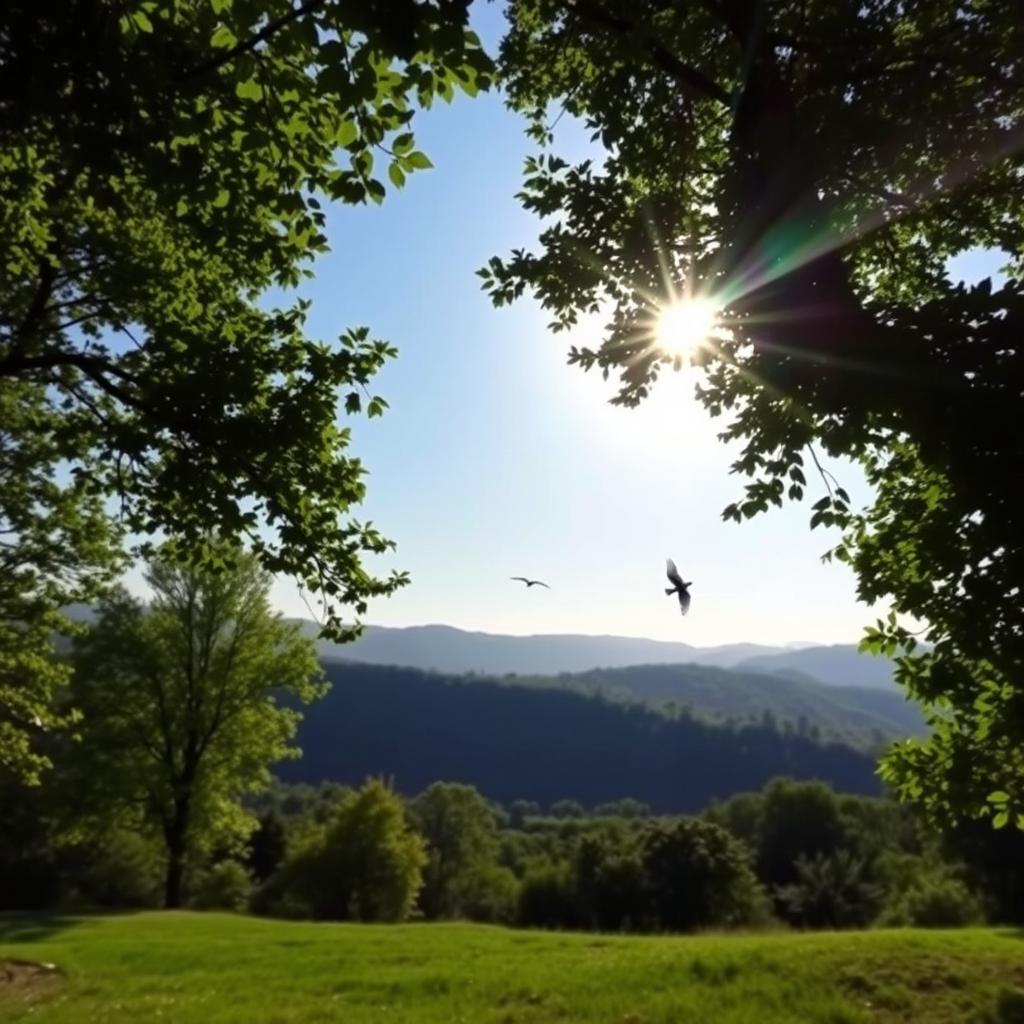 A serene and tranquil landscape featuring a gentle breeze rustling through lush green trees