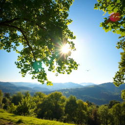 A serene and tranquil landscape featuring a gentle breeze rustling through lush green trees