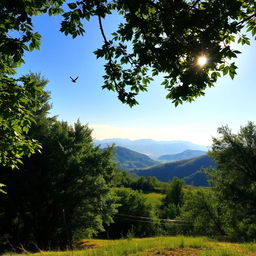 A serene and tranquil landscape featuring a gentle breeze rustling through lush green trees