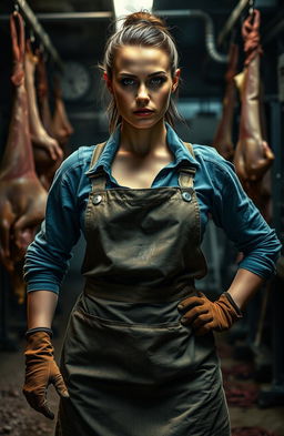 A powerful and fierce female figure standing confidently in a slaughterhouse environment