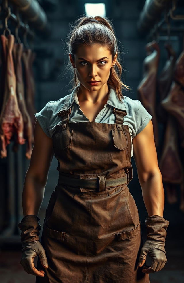 A powerful and fierce female figure standing confidently in a slaughterhouse environment