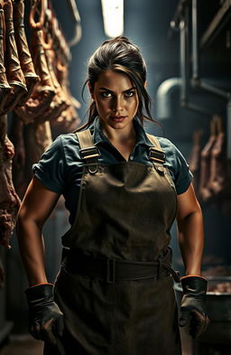 A powerful and fierce female figure standing confidently in a slaughterhouse environment