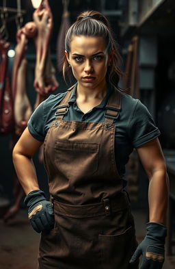 A powerful and fierce female figure standing confidently in a slaughterhouse environment