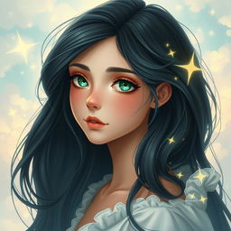 A beautiful and charming young woman with long, flowing black azule hair that cascades elegantly down her shoulders