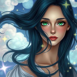 A beautiful and charming young woman with long, flowing black azule hair that cascades elegantly down her shoulders
