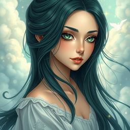 A beautiful and charming young woman with long, flowing black azule hair that cascades elegantly down her shoulders