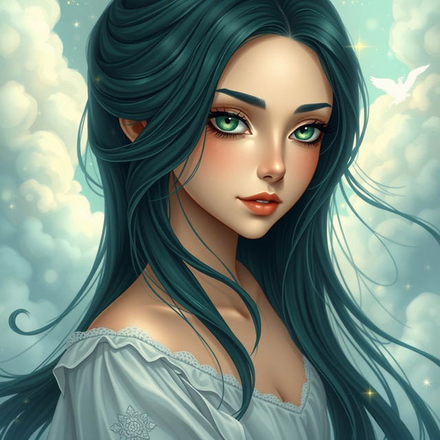 A beautiful and charming young woman with long, flowing black azule hair that cascades elegantly down her shoulders