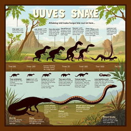 An illustration depicting the evolutionary process of snakes, showing a gradual transition from legged reptilian ancestors to modern snakes