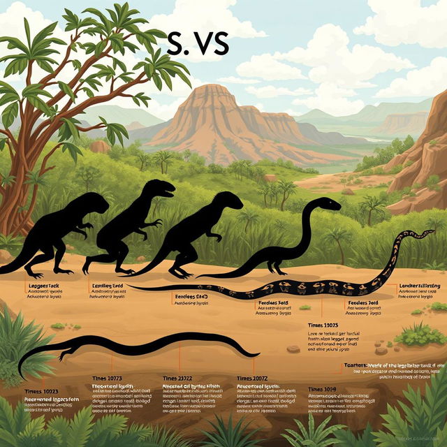 An illustration depicting the evolutionary process of snakes, showing a gradual transition from legged reptilian ancestors to modern snakes