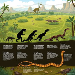 An illustration depicting the evolutionary process of snakes, showing a gradual transition from legged reptilian ancestors to modern snakes