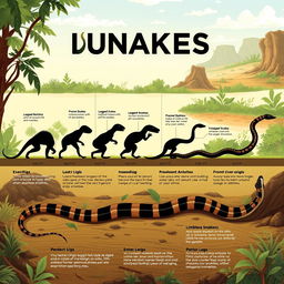 An illustration depicting the evolutionary process of snakes, showing a gradual transition from legged reptilian ancestors to modern snakes