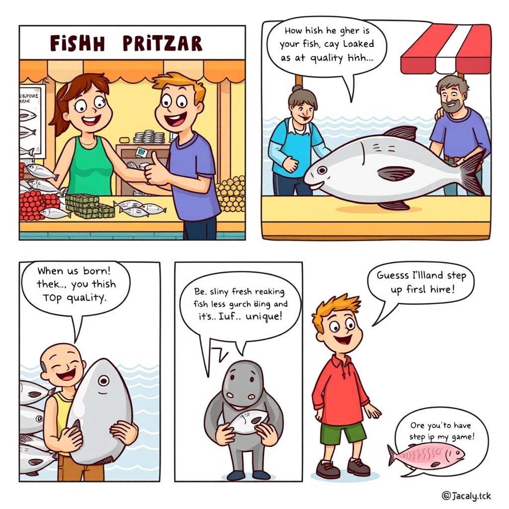 A humorous comic strip about fish quality, divided into 5 panels
