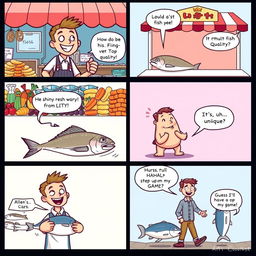 A humorous comic strip about fish quality, divided into 5 panels