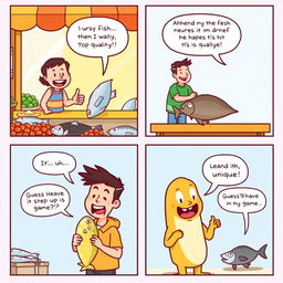 A humorous comic strip about fish quality, divided into 5 panels