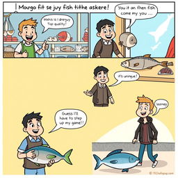 A humorous comic strip about fish quality, divided into 5 panels