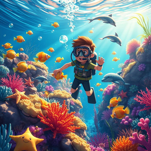 A vibrant and colorful animation scene depicting a whimsical underwater world