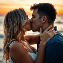 A romantic scene featuring a man and a woman passionately kissing each other