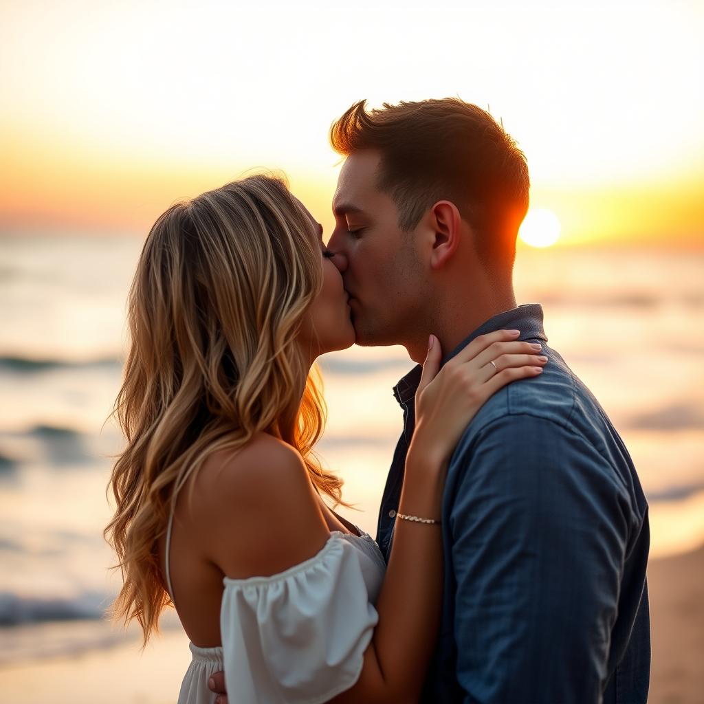 A romantic scene featuring a man and a woman passionately kissing each other