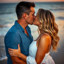 A romantic scene featuring a man and a woman passionately kissing each other