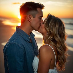 A romantic scene featuring a man and a woman passionately kissing each other