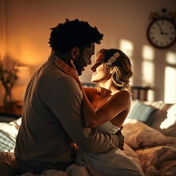 A passionate scene of a couple in an intimate embrace in a softly lit bedroom