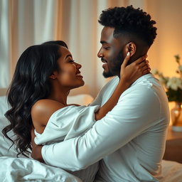 A passionate scene of a couple in an intimate embrace in a softly lit bedroom