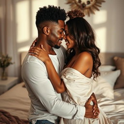 A passionate scene of a couple in an intimate embrace in a softly lit bedroom