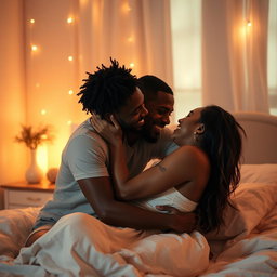 A passionate scene of a couple in an intimate embrace in a softly lit bedroom