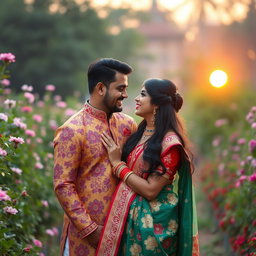 A romantic portrayal of an Indian couple in a lush garden, wearing traditional Indian attire