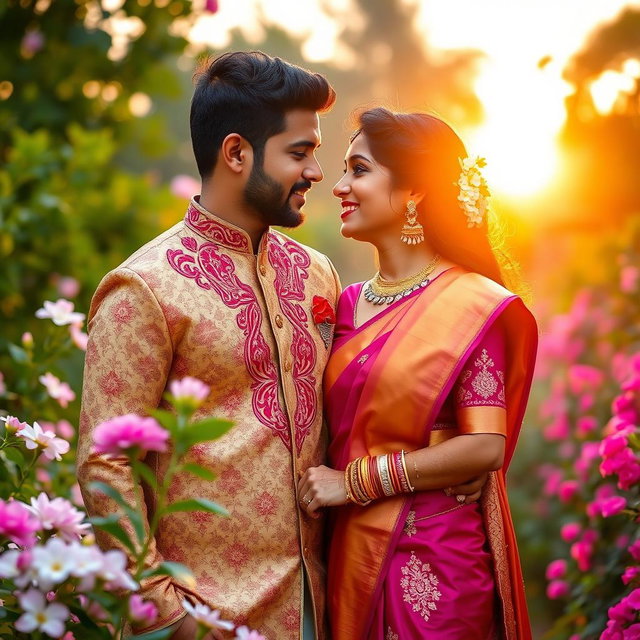 A romantic portrayal of an Indian couple in a lush garden, wearing traditional Indian attire