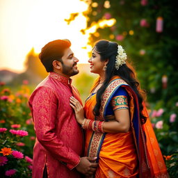 A romantic portrayal of an Indian couple in a lush garden, wearing traditional Indian attire